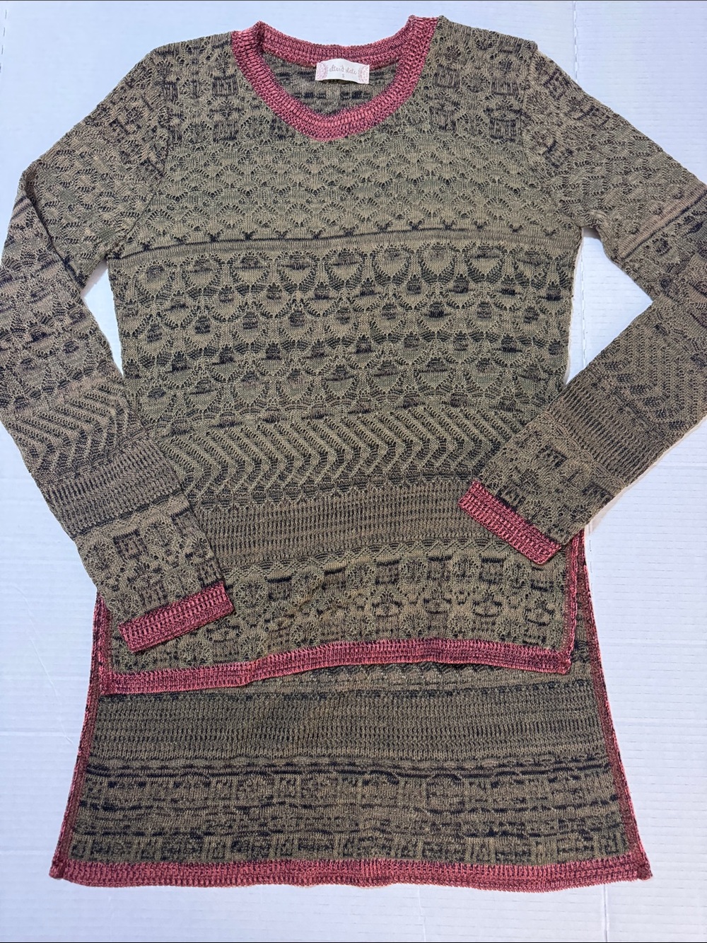 Altar'd State Olive Knit Longline Sweater with Rose Trim 160